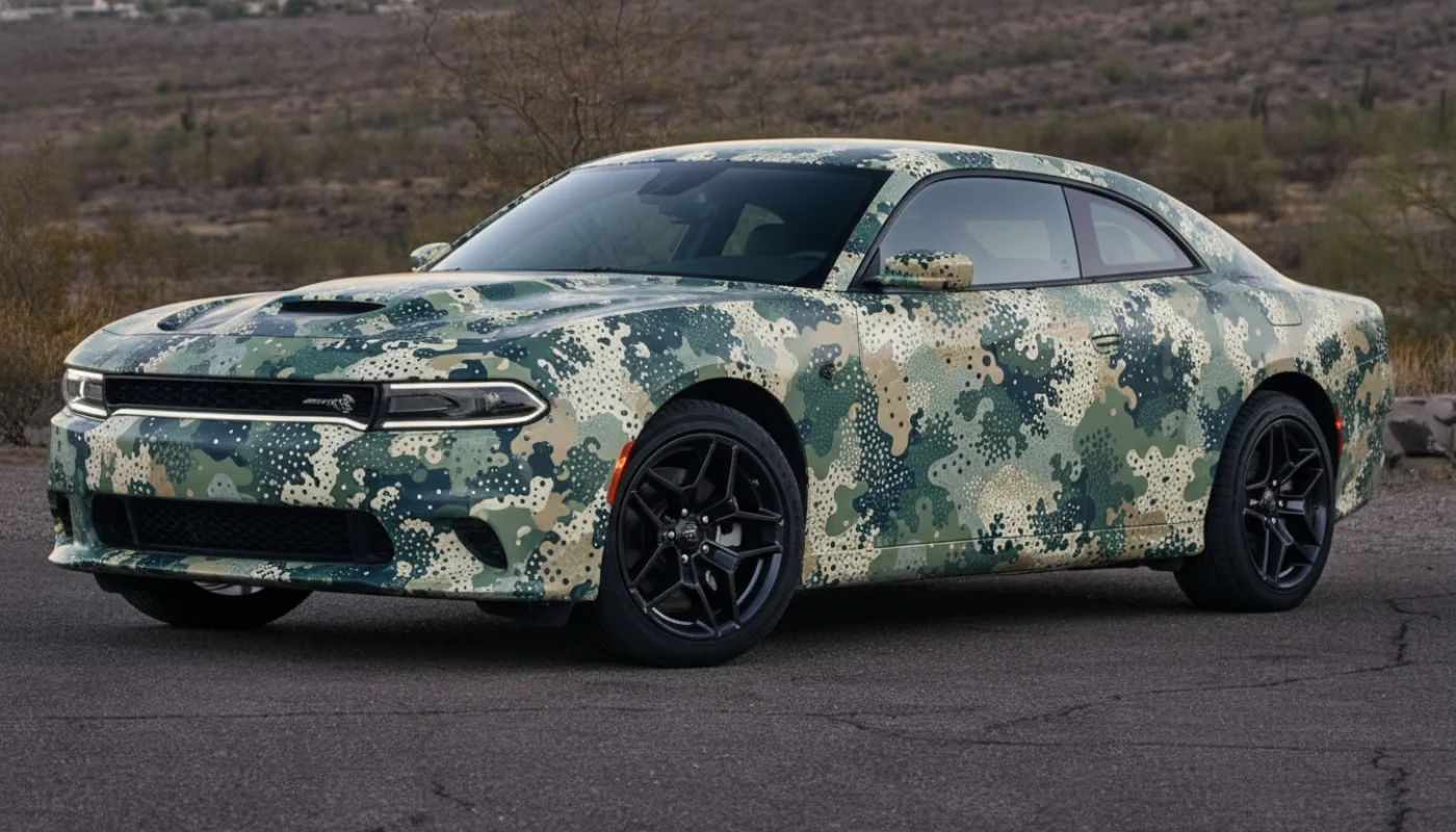 Custom camo pattern wrap applied to vehicle